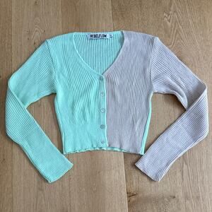 REBELFLOW Ribbed Cardigan Color Block Size XS Mint Green & Brown